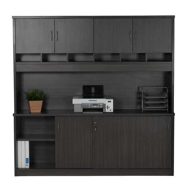 Wall Unit with Pigeon Hole Slots and Cupboards - Blackened Linewood