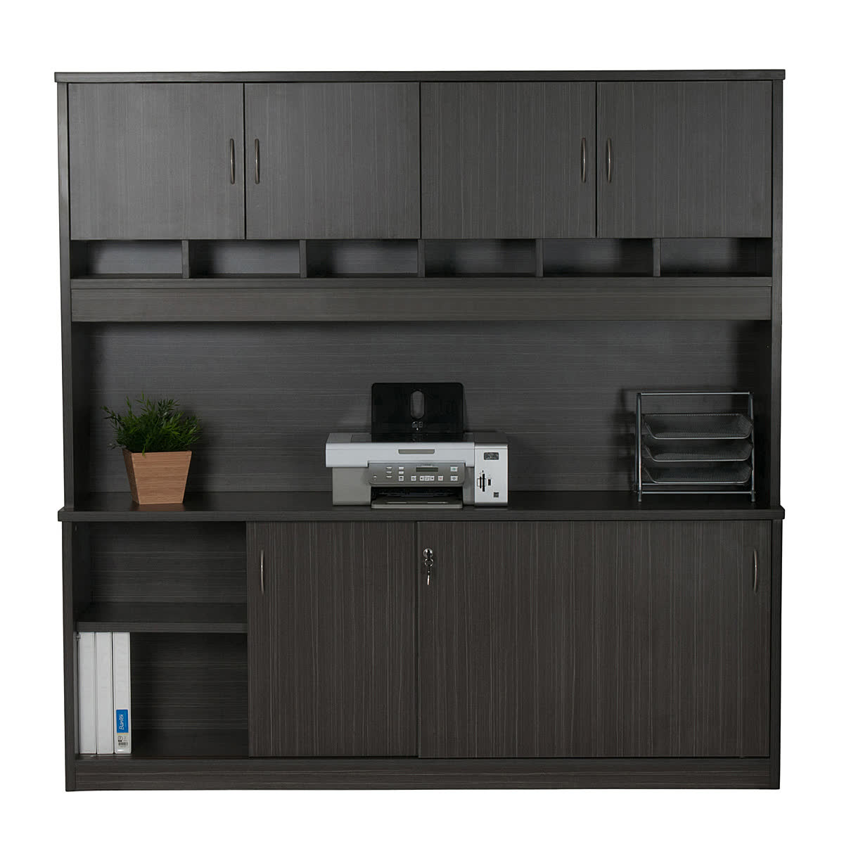 Wall Unit with Pigeon Hole Slots and Cupboards - Blackened Linewood