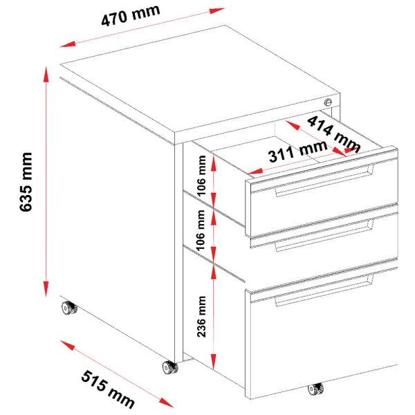Steelco Classic Metal Mobile Pedestal 3 Drawers - 3 Colours