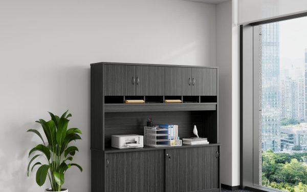 Wall Unit with Pigeon Hole Slots and Cupboards - Blackened Linewood