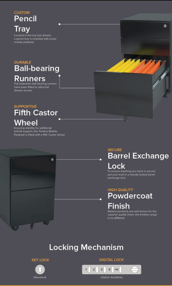 Steelco Trimline Metal Mobile Pedestal With Digital Lock - 3 Colours Steelco Trimline Metal Mobile Pedestal With Digital Lock - 3 Colours
