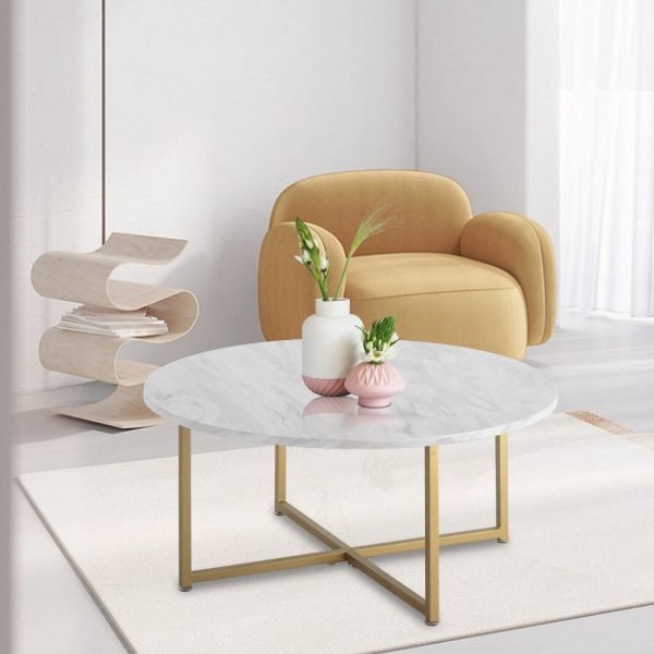 Cross Bar Round Coffee Table Golden Legs 